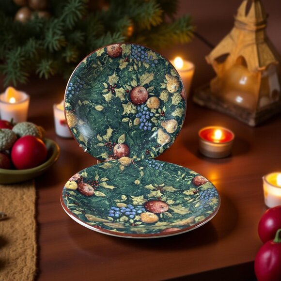 Pair (2) Certified International Susan Winget Holiday Evergreen Fruit & Holly Pl - Picture 9 of 9